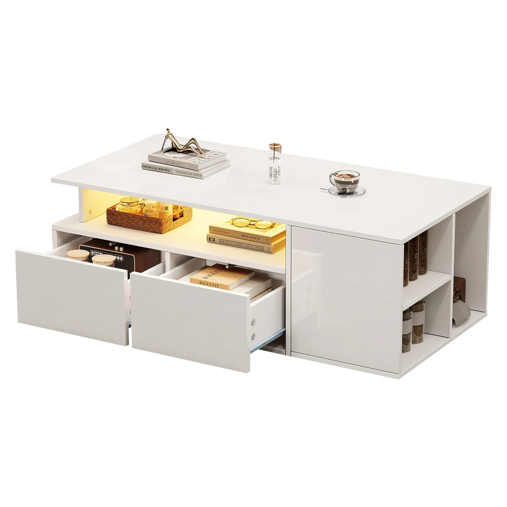 PINGGO High Gloss Coffee Table with Open Storage, Centre Table with 2 drawers, Sofa Side Table, Space-saving End Table