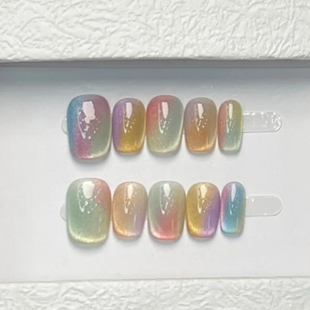 

10 шт., простой пресс ручной работы для дизайна ногтей, красочный кошачий глаз, накладные ногти, готовые носимые короткие балетные накладные ногти, набор для маникюра