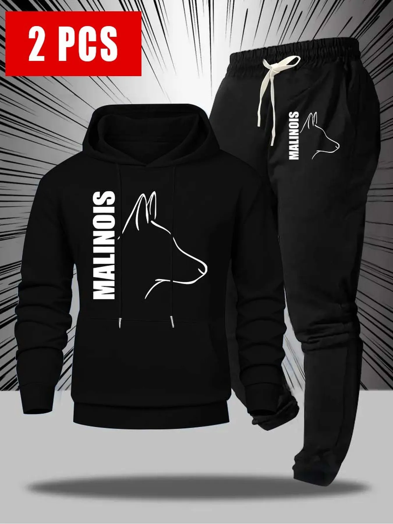 2026 Men Malinois Dog Sketch Letter Print 2‑Piece Tracksuit Hoodie & Jogger Pants Autumn Winter Casual Street Sportswear
