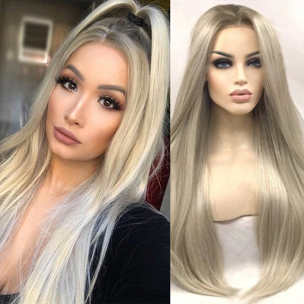 Perruque Lace Front Wig synthétique lisse blond glacé platine, perruque longue en fibre de haute qualité et respectueuse de la chaleur, ressemble à des cheveux naturels