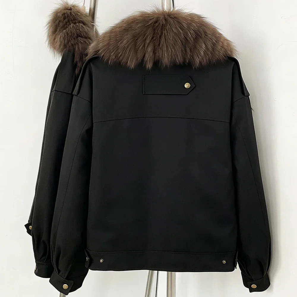OFTBUY Mantel mit natürlichen Pelzmanschetten, Damenoberbekleidung, neuer Wintermantel für Damen, echter gestreifter Pelzkragen, winddichte Parka, warme Daunenjacke. – Detail 6
