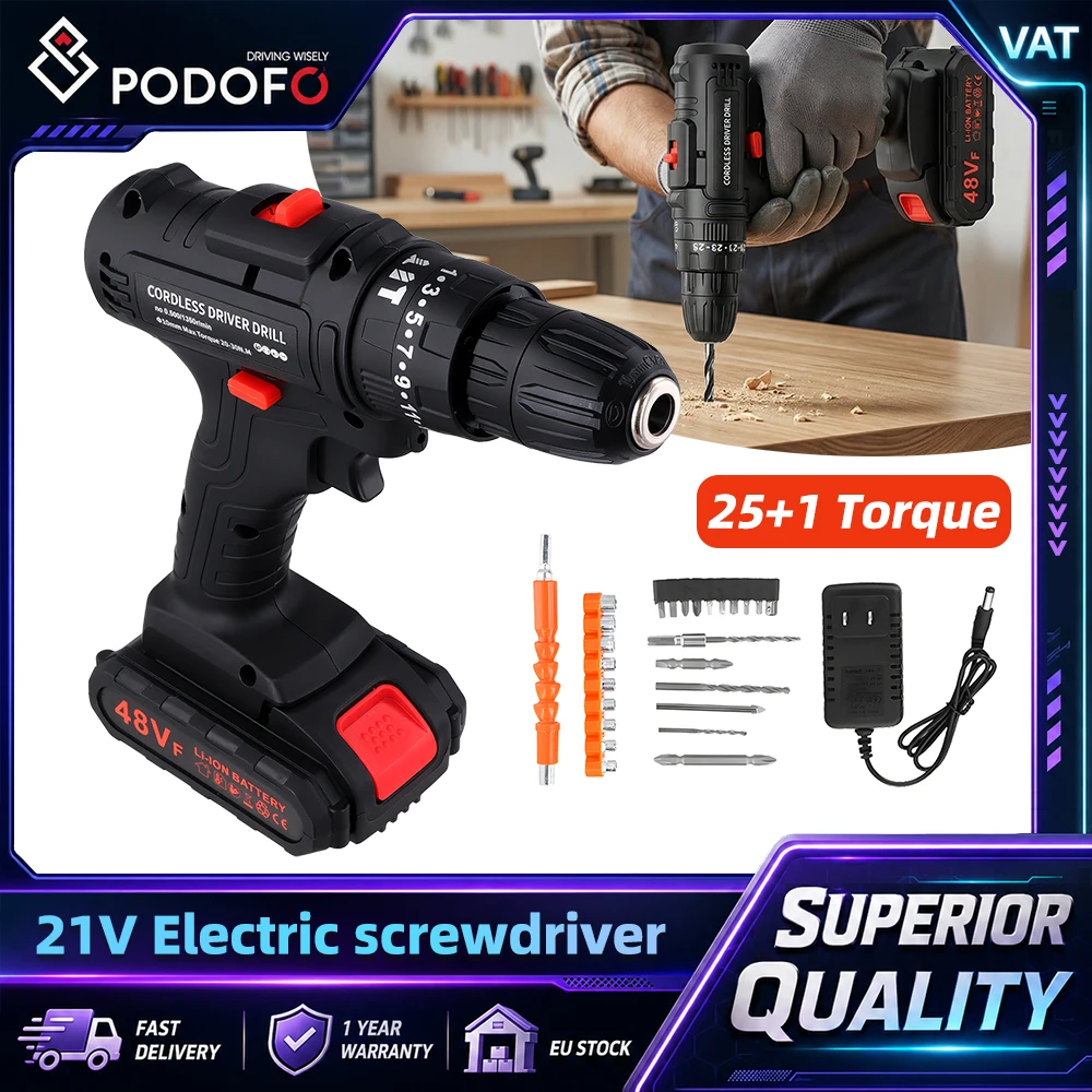 Kit trapano avvitatore a batteria 3 in 1 Podofo, con 25+1 livelli di regolazione della coppia, 30 N.M, mandrino a presa rapida 3/8, luce LED, 28 accessori, trapano elettrico a batteria per lavori