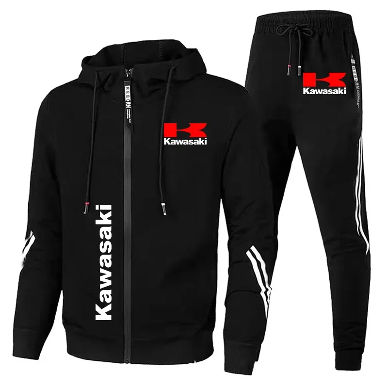 2024 New Men\'s Outdoor Sports Suit Zippered Shirt+pants Hooded Sportswear Kawasaki Men\'s Racing Suit Motorcycle Set