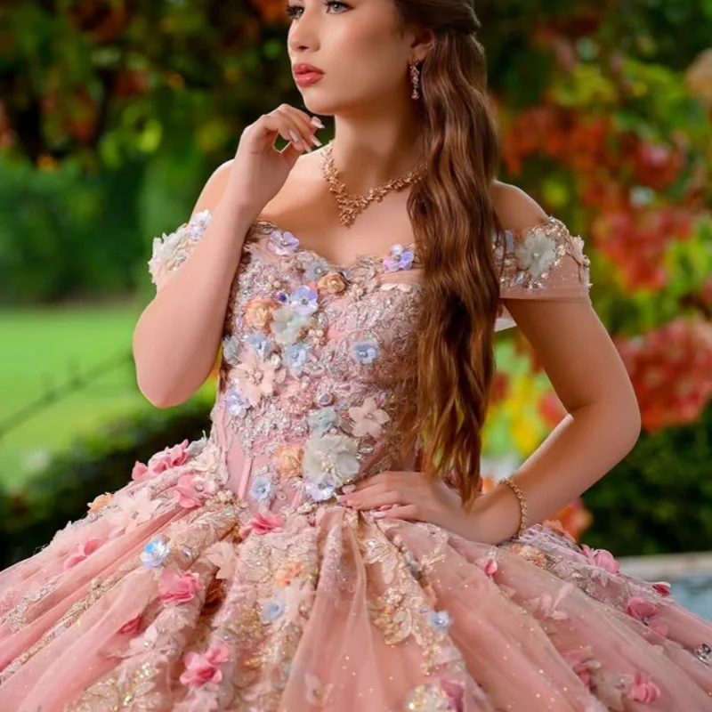 

Shiny Pink Quinceanera Dresses off-shoulder Crystal Glitter Decal 3D flower Long tail Vestido De 15 Quinceanera Customize