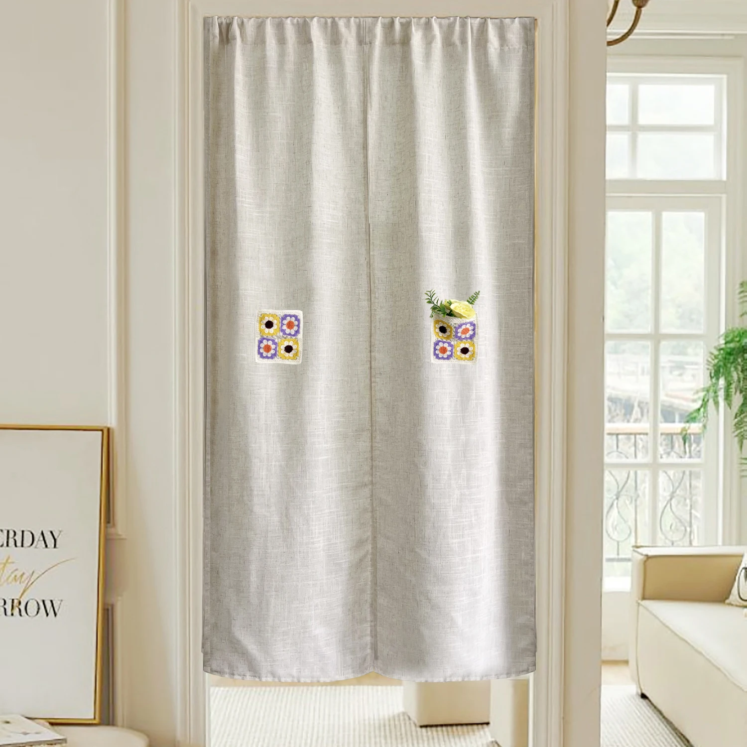 Bohemian Daisy Crochet Embroidery Pocket Linen Short Curtains For Living Room Bedroom Door Window Entrance Partition Beige Drape