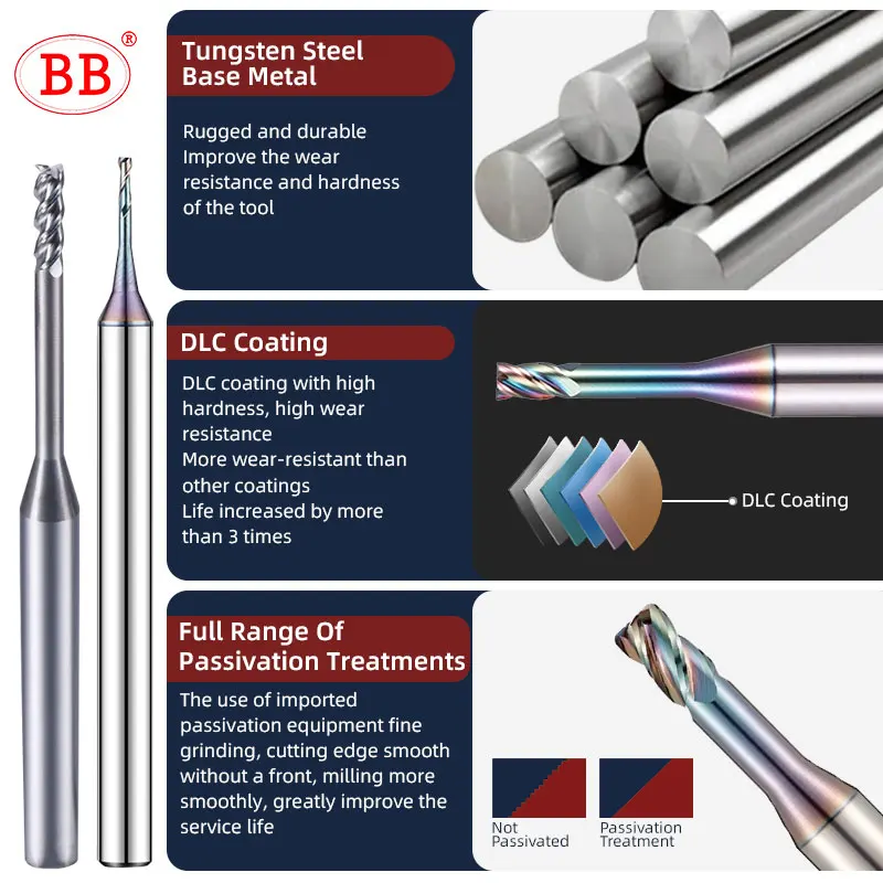 BB Longo Pescoço Micro End Mill, 0.1mm ~ 3mm, para Liga de Alumínio Cobre Eletrodo Plástico Não-metal CNC Usinagem Carboneto Sólido Cortador