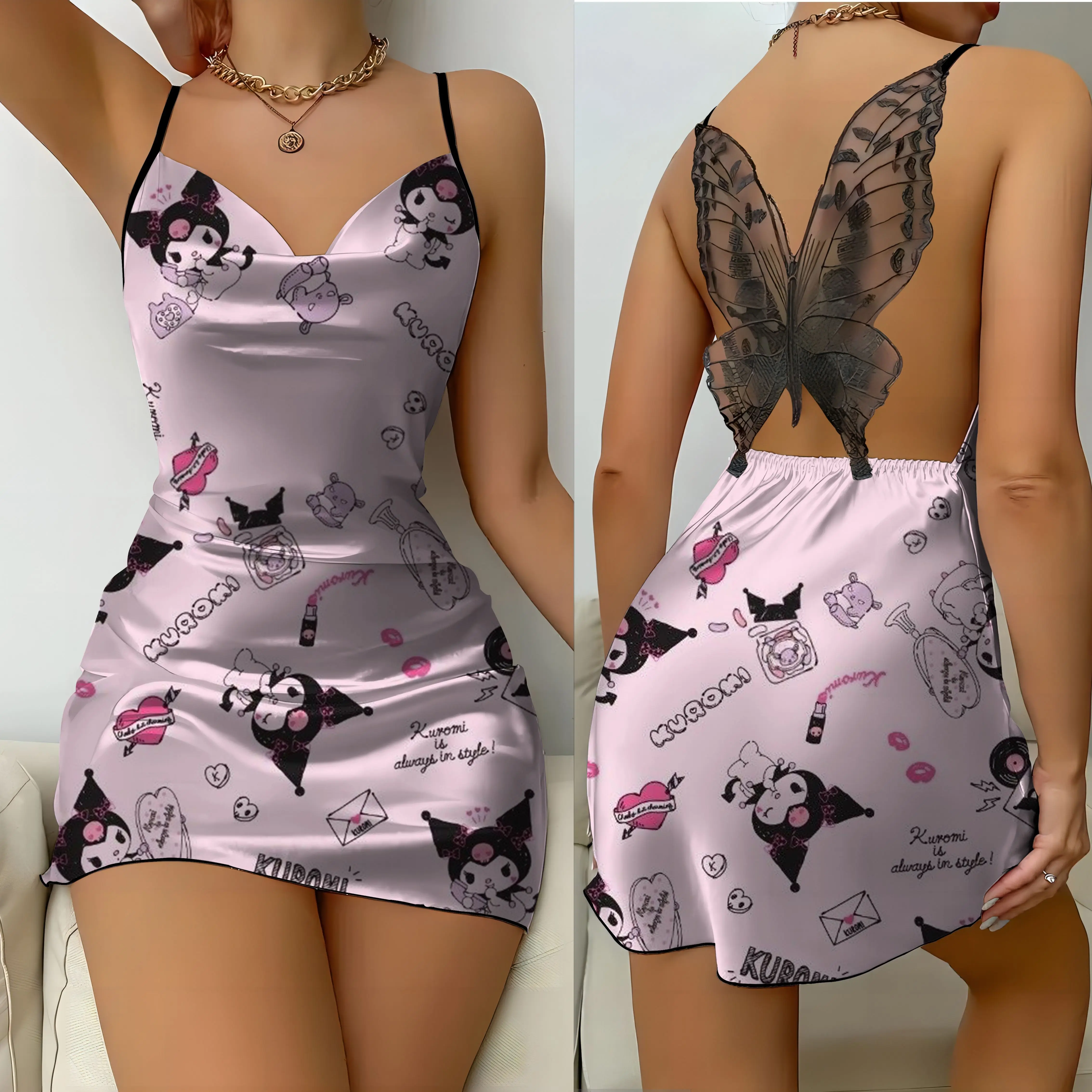 Mini vestido de superfície sanrio-cetim para mulheres, saia de pijama, nó arco, sem costas, renda sexy, moda verão, festa, 2024