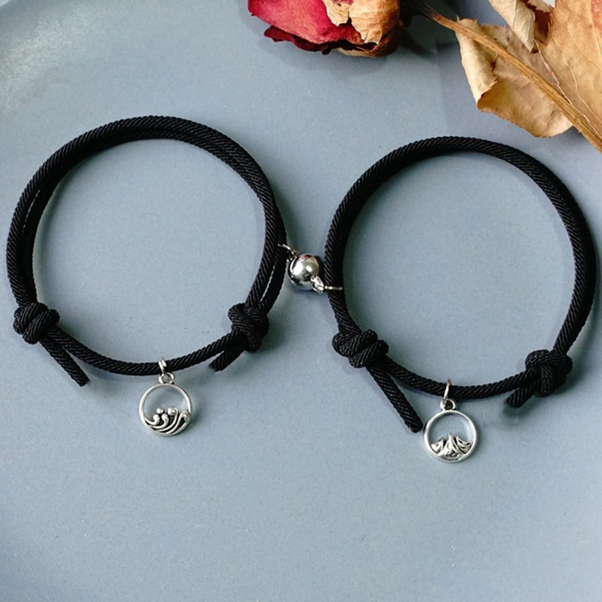 2Pcs/Set Friendship Rope Braided Bracelet Trendy Alloy Magnet Attachment Couple Bracelet Simple Love Heart Bracelet Jewelry