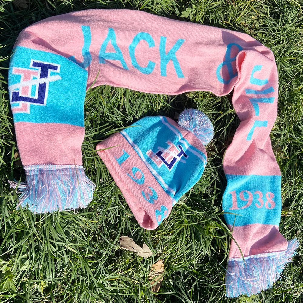 Jack and Jill light blue light pink sorority letter 1938 knitted scarf hat set