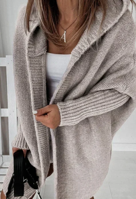 Cardigan for Women Autumn Fashion Solid Color Long Sleeved Temperament Commuting Loose Knit Open Front Hooded Sweater Cardigan