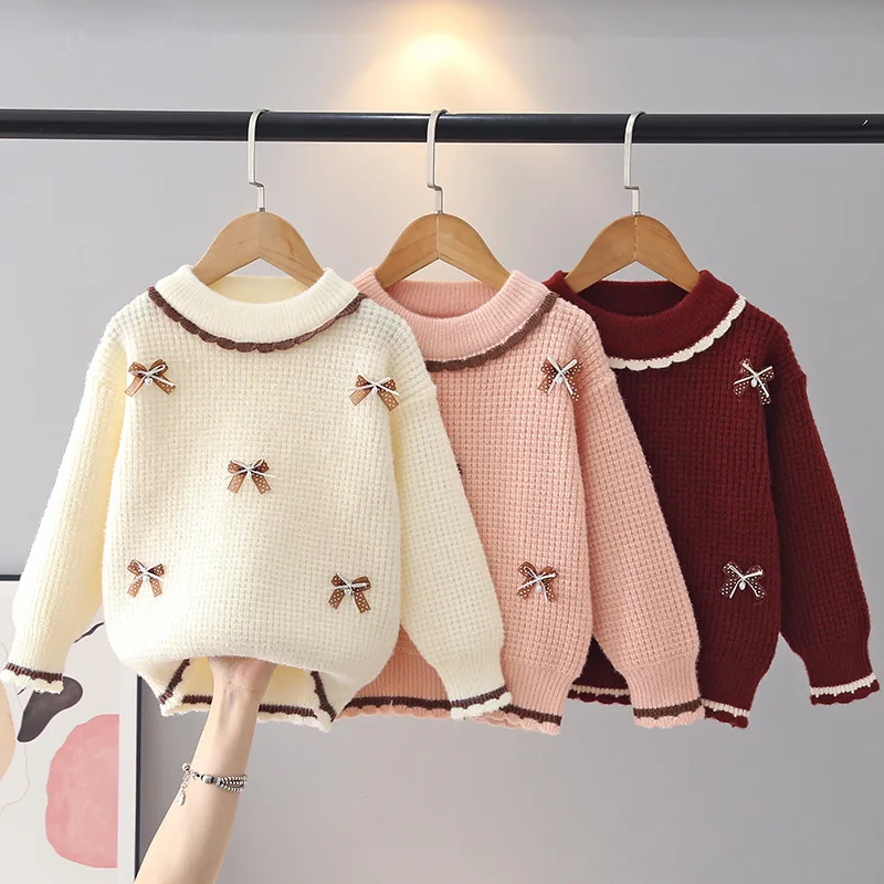 New Bow-ties Children Gingham Sweater Autumn Round Collar Pullover Sweater Girls Cotton Loose Baby Soft Knitwear Clothes JY07201