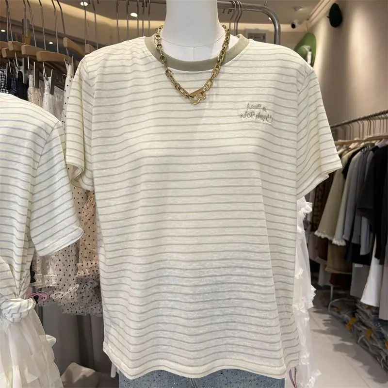 

plus Size Women's Striped Short Sleeve T-Shirt Embroidered Lettering Slimming Belly Covering Summer New Style Korean Loose Fit