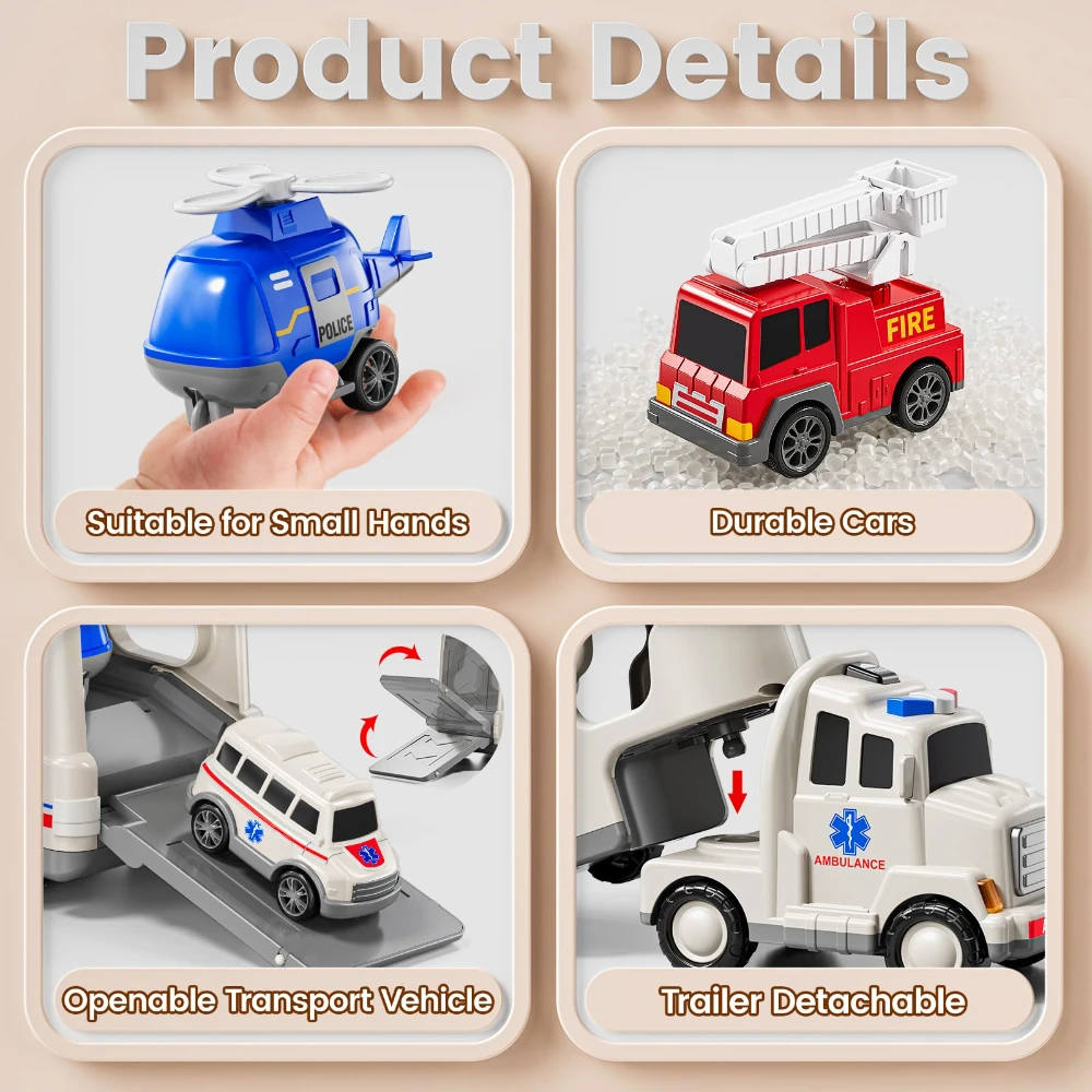 WizKidz 5-In-1 Play Ambulance Toy Vehicle Truck With Light & Sound for Kids 3-7 Years Old - Police Car Fire Truck Birthday Gift