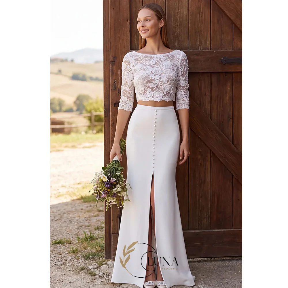 Luna Ivory Two Piece Lace Boat Neck Wedding Dress with Slit Sweep Train Lace Half Sleeves Mermaid Bridal Gown with Buttons