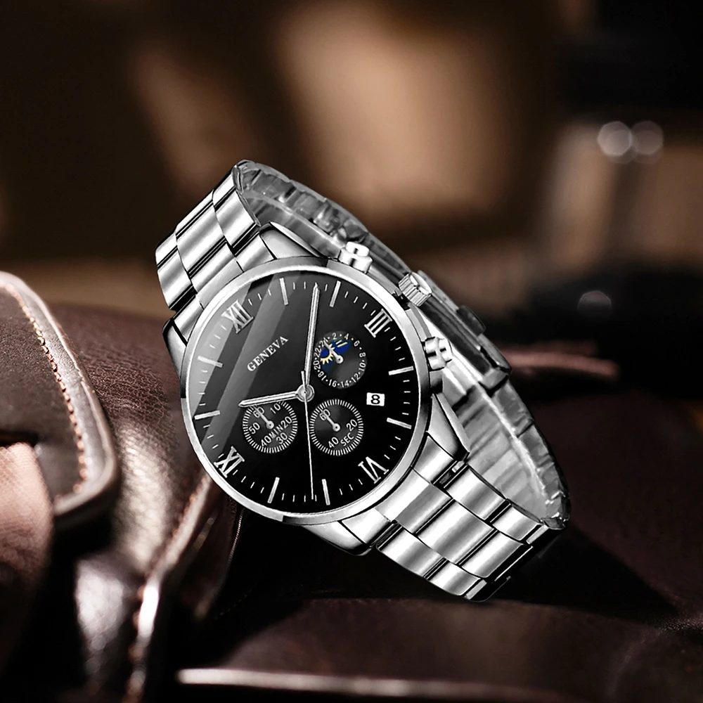 طقم ساعات رجالية مكون من 4 قطع، ساعة كوارتز عصرية للأعمال، قلادة متقاطعة، قلادة، خاتم، سوار، مجموعة مجوهرات هدية مثالية له