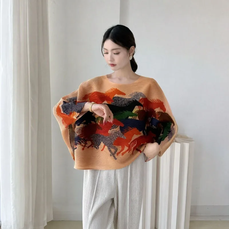 Miyake Pleated 2026 Autumn Fashion Simple Printed Round Neck Batwing Sleeve T-Shirt Loose Versatile Long Sleeve Top for Women