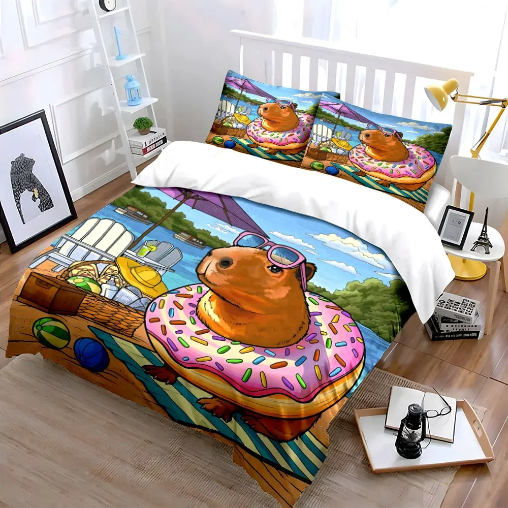 3Pcs Kawaii Capybara Bedding Set, Cartoon Capybara at Beach with Sunglasses Print Duvet Cover, Kids Room Decor
