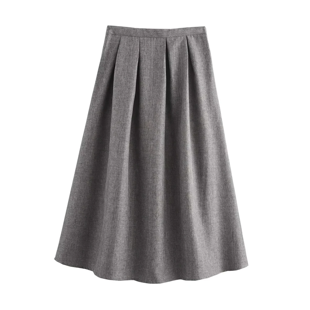 ZA 2024 Women\'s Gray Pleated Umbrella Skirt, Mid Length, Casual, College Style, Temperament, Autumn, New Item