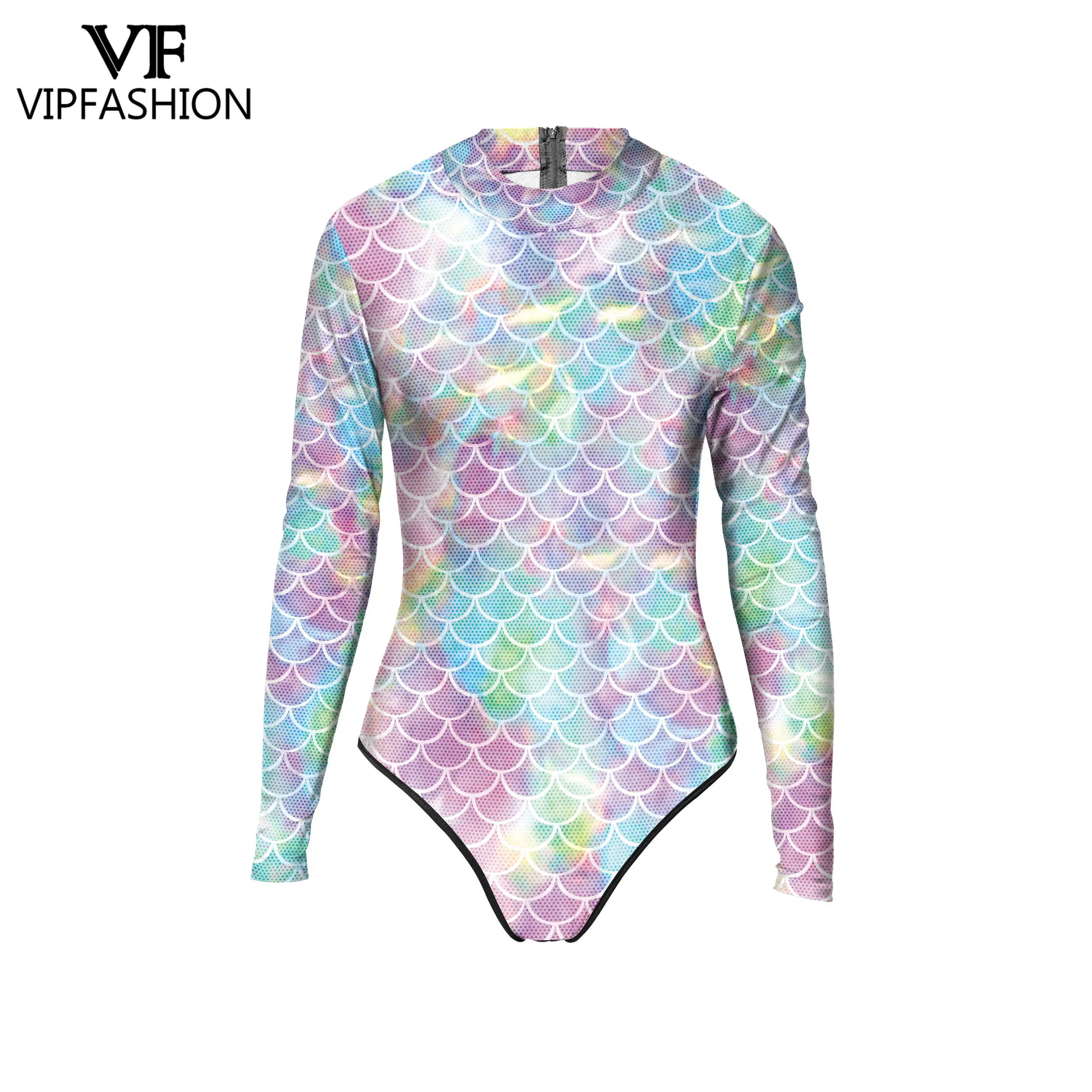 VIP FASHION Mermaid Printed Swimsuit Women Swimwear Summer Fish Scale Pattern Bodysuit Female Holiday Party Sexy Cosplay Costume