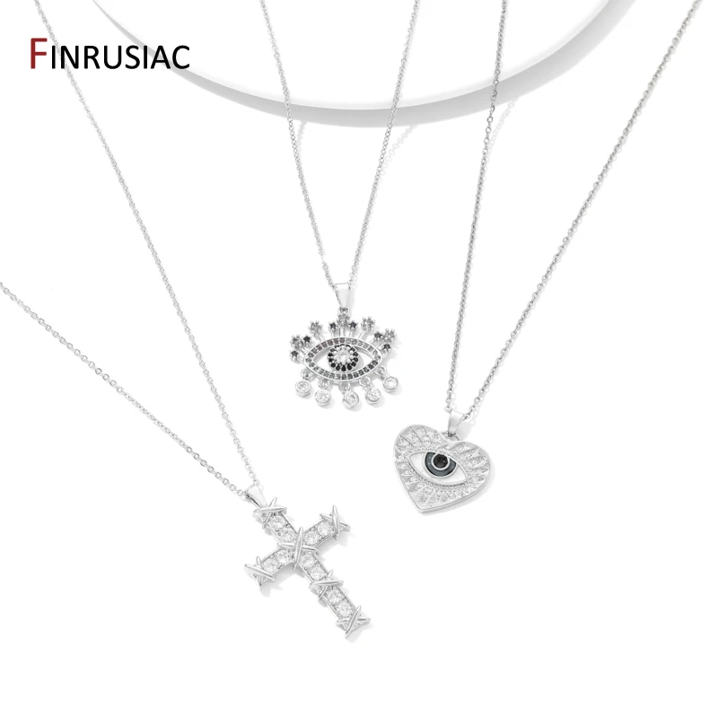 Rhodium Plated Brass Evil Eyes/Cross Pendant Necklace For Women Zirconia Jewelry Clavicle Chains Necklaces Party Gifts