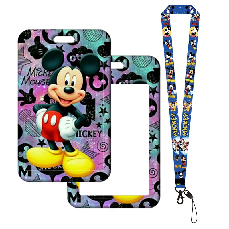 Disney Mickey Mouse pemegang kartu ID, gantungan kunci Lanyard, Gantungan Kunci foto anak laki-laki, casing kartu foto, tali leher, pelindung kartu anak perempuan, lencana pemegang kredensial