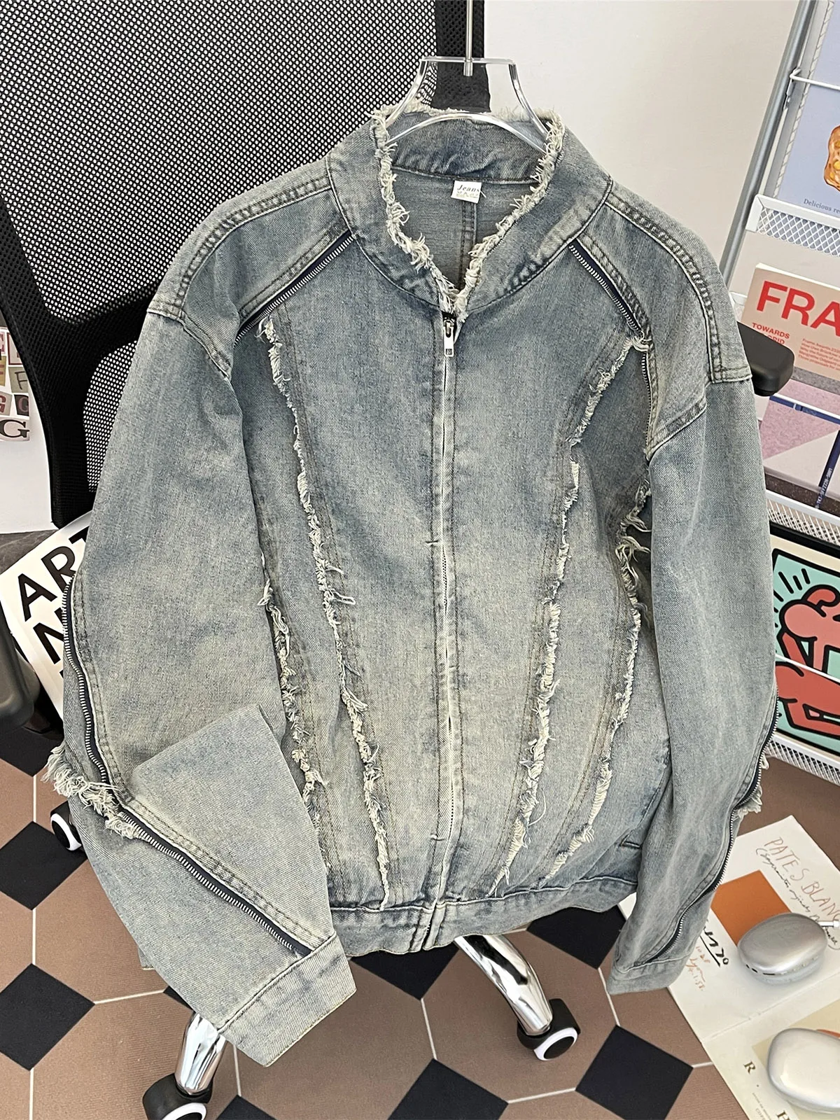 American Deconstructed Frayed Shoulder Denim Jacket Men's Hip Hop Street Washed Stand Collar Silhouette Design Trendy Jacket