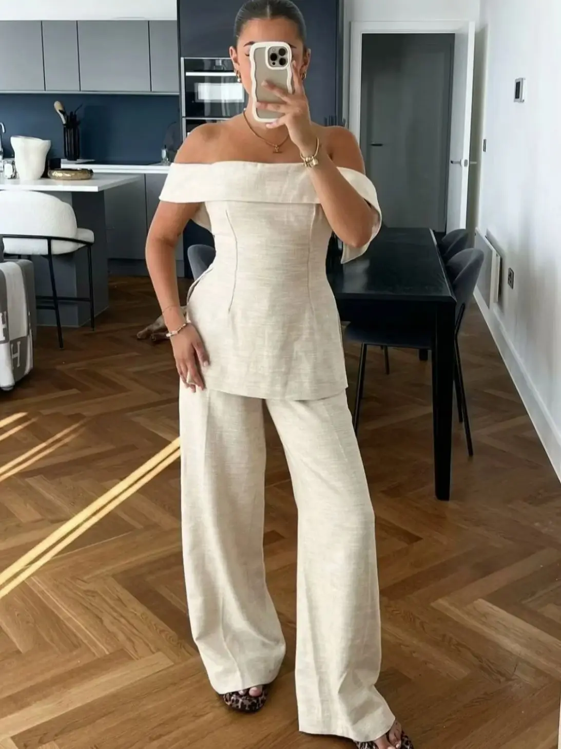 XNWMNZ 2024 Moda damska Side vents Off Shoulder Top lub High Waist Zipper Wide Leg Pants High Street Damski dwuczęściowy zestaw