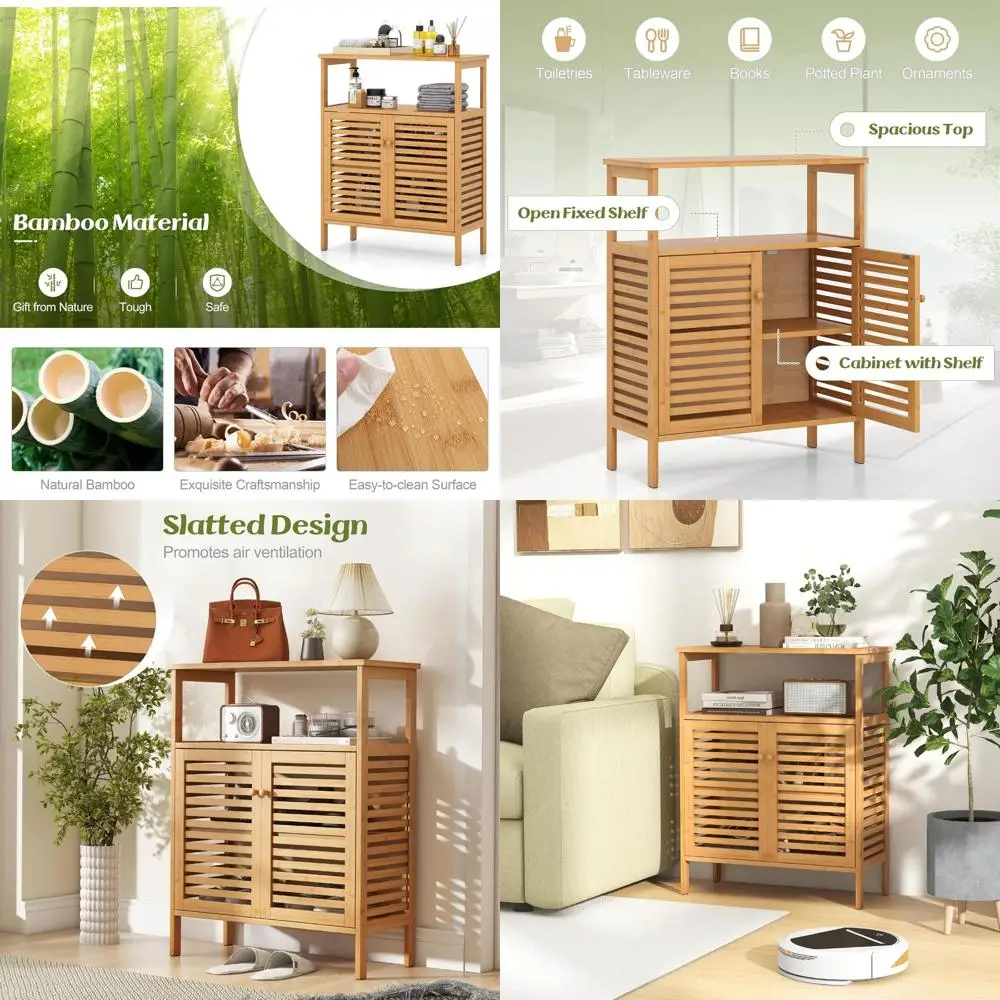 

Шкаф с двойными створками и бамбуковым полом для ванной комнаты и домашнего хранения с выдвижными полками