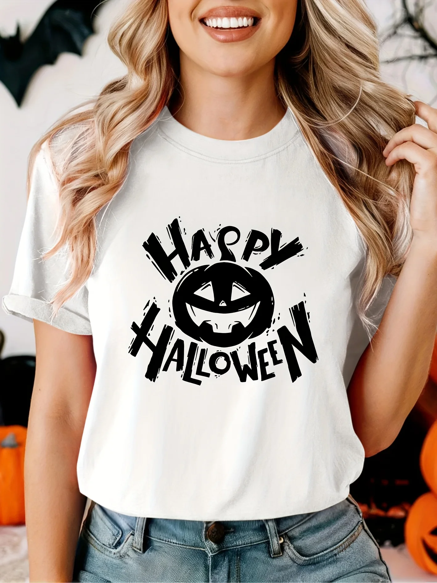 Happy Halloween Pumpkin Face Print Tee Casual Party for Halloween Costumes Harajuku Sleeve Casual Aesthetic Clothes
