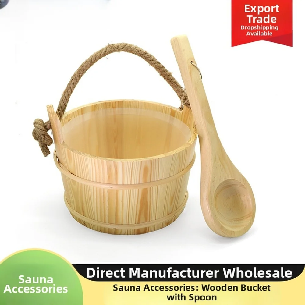 Rustic Wooden Sauna Bucket Set Featuring One Bucket and One Spoon for Finnish Sauna Rituals and For Steam Control