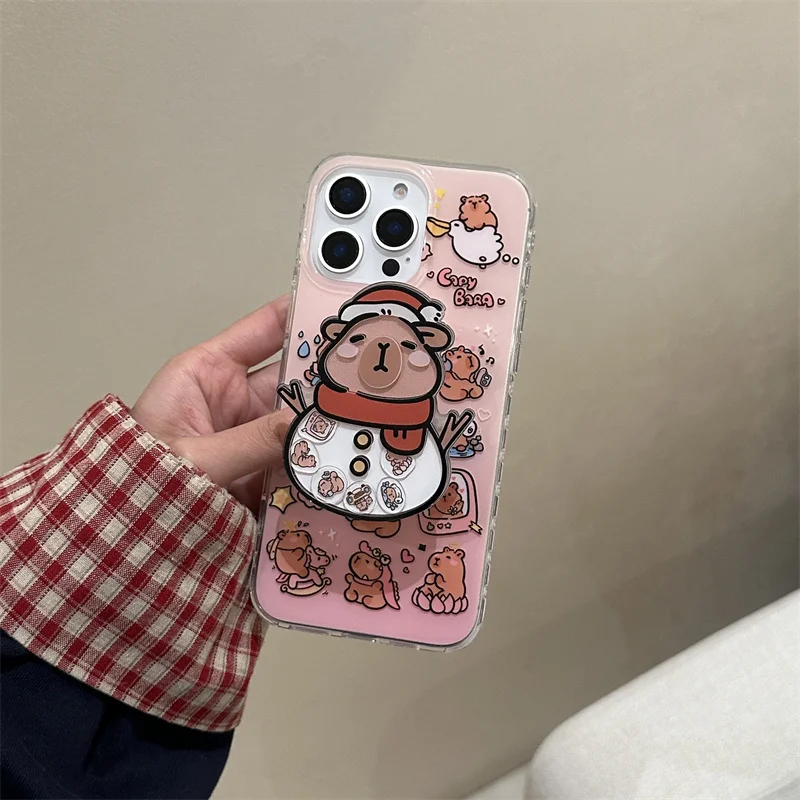 Cute Cartoon Animal Capybara Shockproof Phone Case For iPhone 16 Pro 13 14 15 16 Pro Max Funny Capybara Shake Holder Wrist Strap