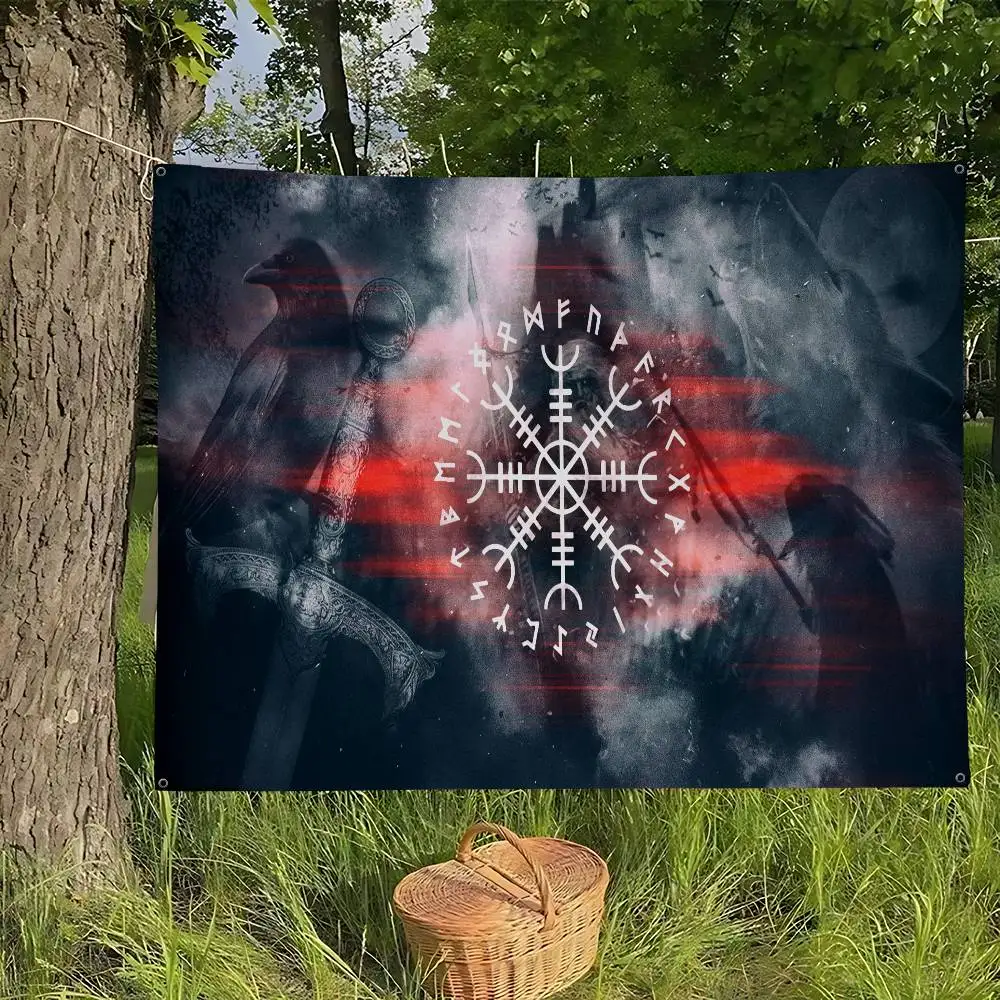 Simple Pattern Viking Vegvisir Logo Small Size Cheerleading Banner Hand Pulled Flag Outdoor Atmosphere Flags