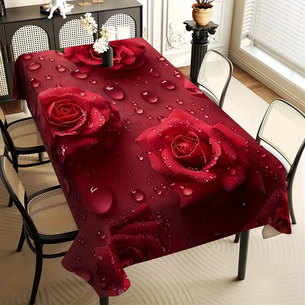 Elegant Waterproof Tablecloth with Red Roses for Dining Room Home Decor Spill Proof Table Cover