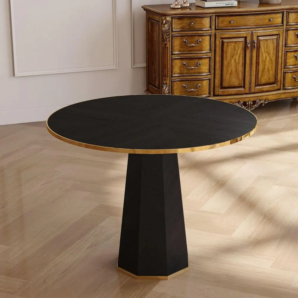 

Black Round Dining Table Pedestal Base, 39.5 Inch Small Circle Wood Kitchen Table for 4 with Gold Trim, Narrow Modern Breakfast