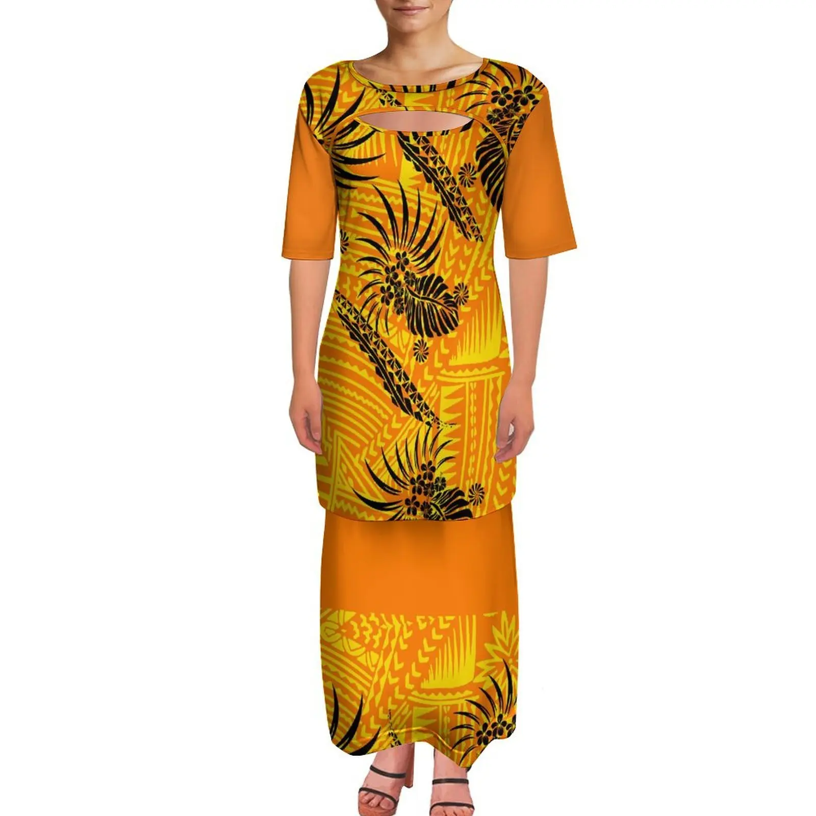 

Customizable Printed Polynesian Women'S Two-Piece Halter Top Dress With An Open Neckline Puletasi Style Summer Evening Gown