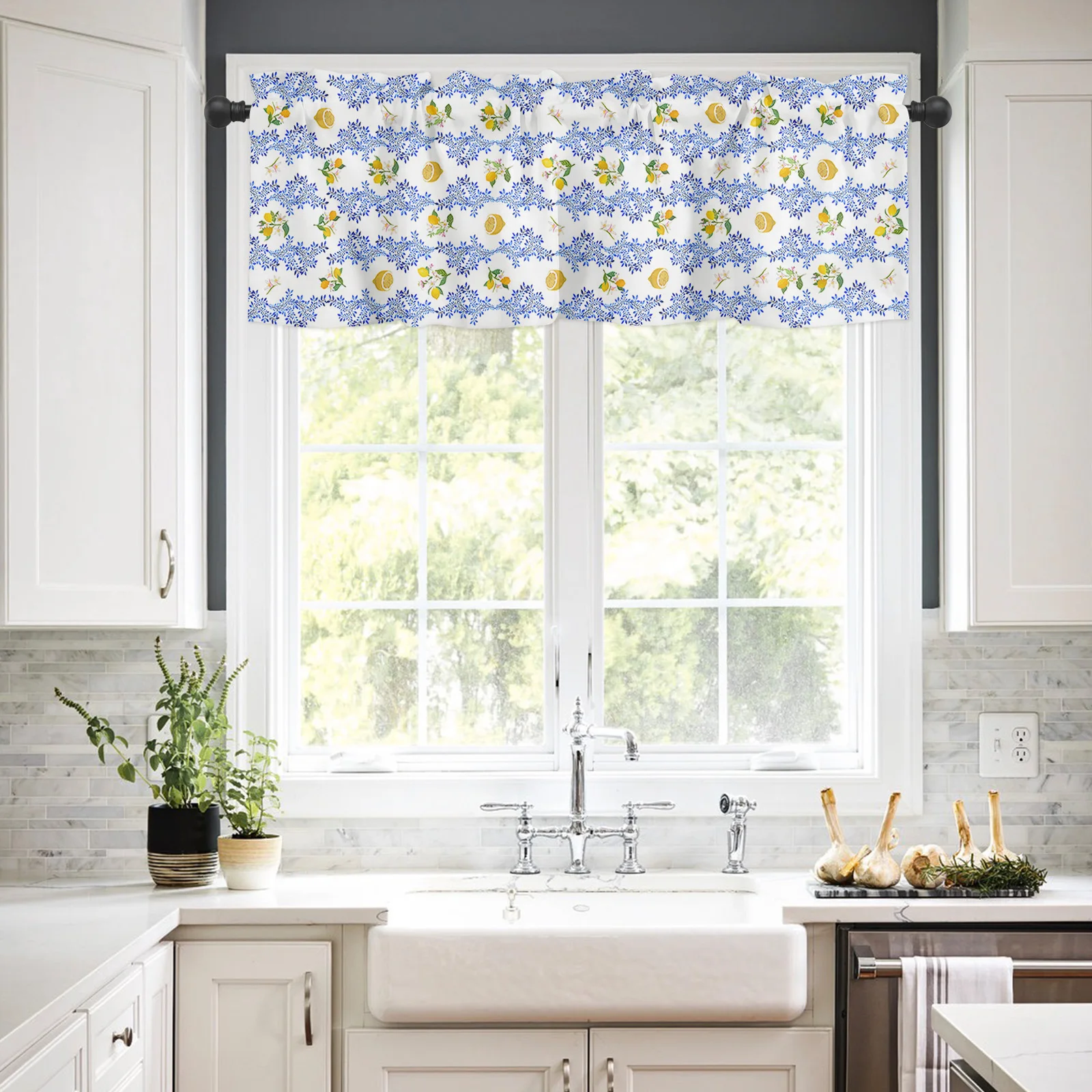 Lemon Kitchen Valance Curtains Decor Blue and White Porcelain Backdrop Window Treatments, Rod Pocket Drapes for Living Room Home