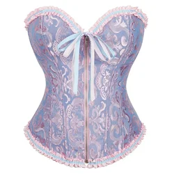 Front Zip Overbust Corset Waist Bustier Top Jacquard Pink Beige Red Green Blue Elegant Basques