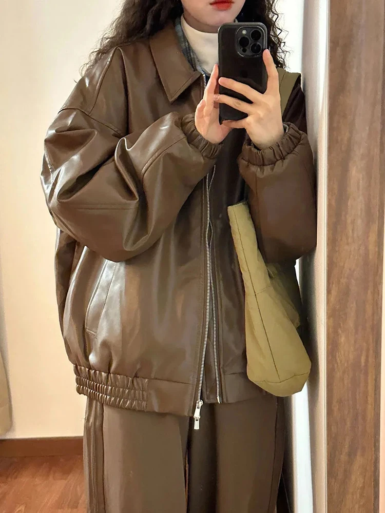 Streetwear Vintage Women Jacket Pu Leather High Street Hottie Solid Long Sleeve Jackets Japanese Loose Casual Zipper Female Coat