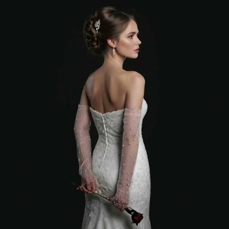 Elegant Fairy Bridal Fingerless Pearl Tulle Gloves Wedding Removable Sheer Mesh Arm Sleeves Party Styling Accessories