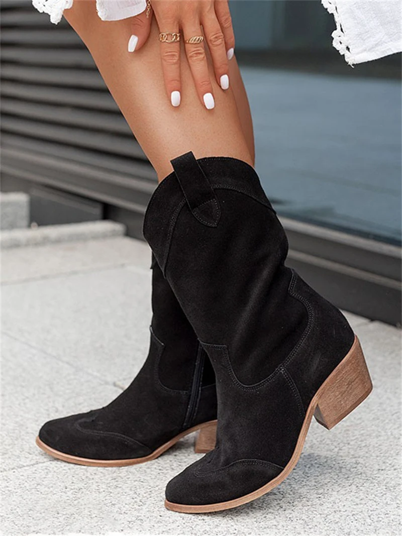 2022 Women Short Boots Fashion Pointed Toe Western Boots Autumn Winter Middle Heels Female Shoes Roman Retro Booties Botas Mujer