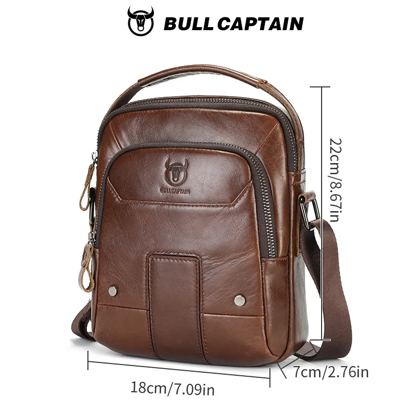 BULLCAPTIAN Men's Genuine Leather Shoulder Bag Multi Functional Handheld Postman Bag Double Layer 7.9-inch Computer Shoulder Bag