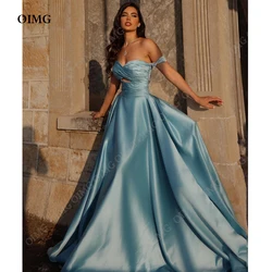 OIMG Formal Evening Dresses for Wedding Party Satin Off Shoulder Sky Blue Celebrity Long A Line Prom Gowns Dress Night Gown