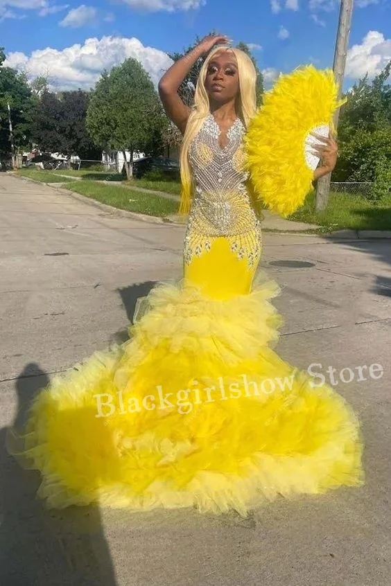 

Yellow Delicate Lace Mermaid Evening Dress 2024 Glitter Beaded Crystal Rhinestone Black Girl Birthday Party vestidos de novia