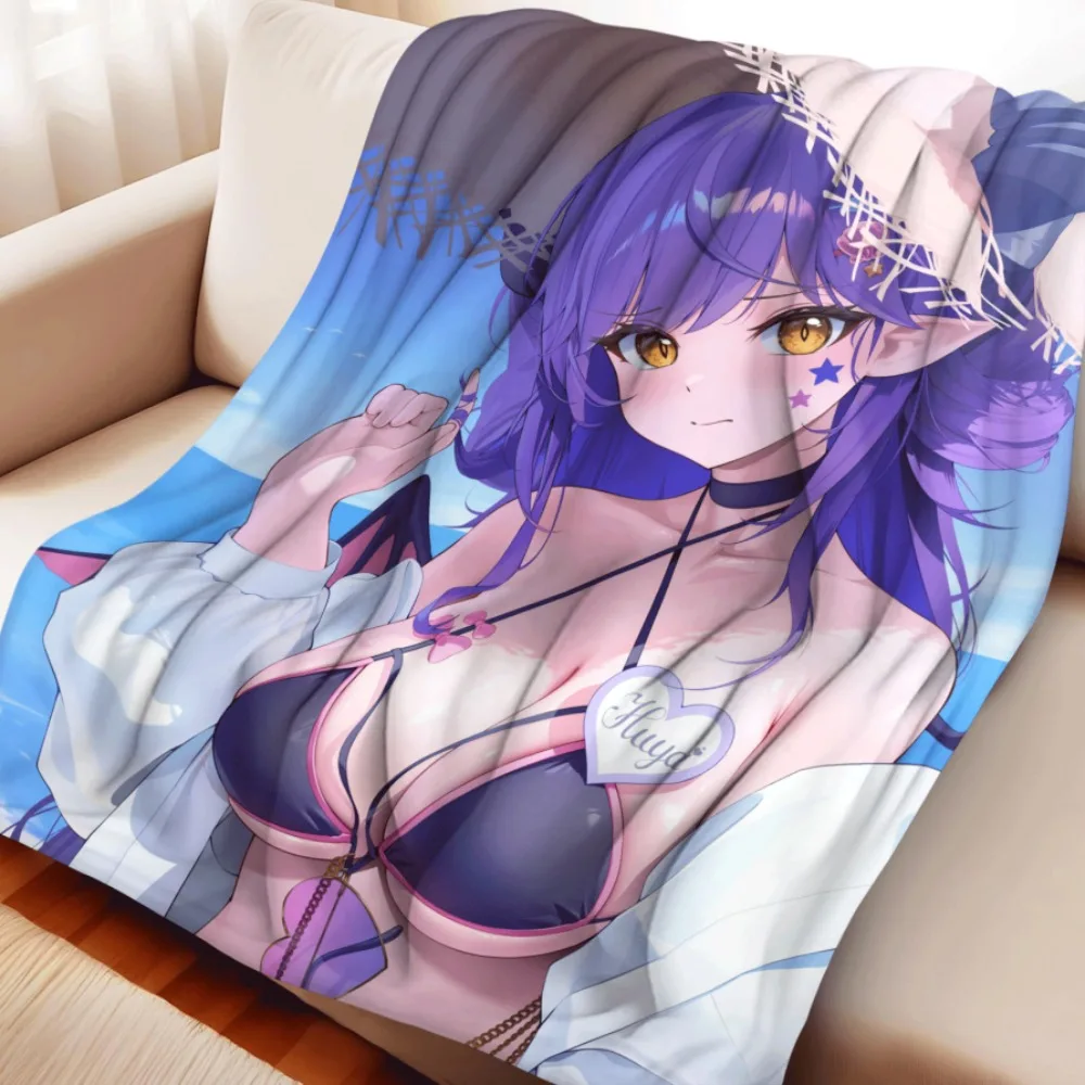 Anime Flannel Throw Blanket Huya Purple Hair Horn Girl Summer Beach Outfit Warm Sofa Bedding Gift
