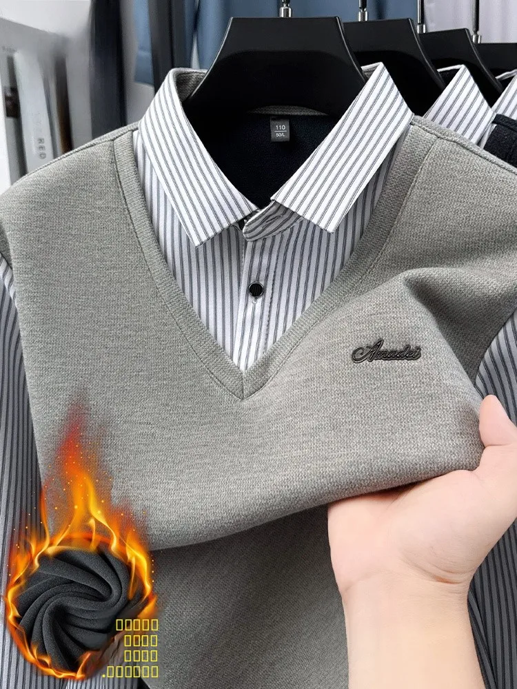 

Теплый вязаный свитер на пуговицах для мужчин из смесовой ткани (полиэстер, вискоза, хлопок, шерсть) с подкладкой из флиса