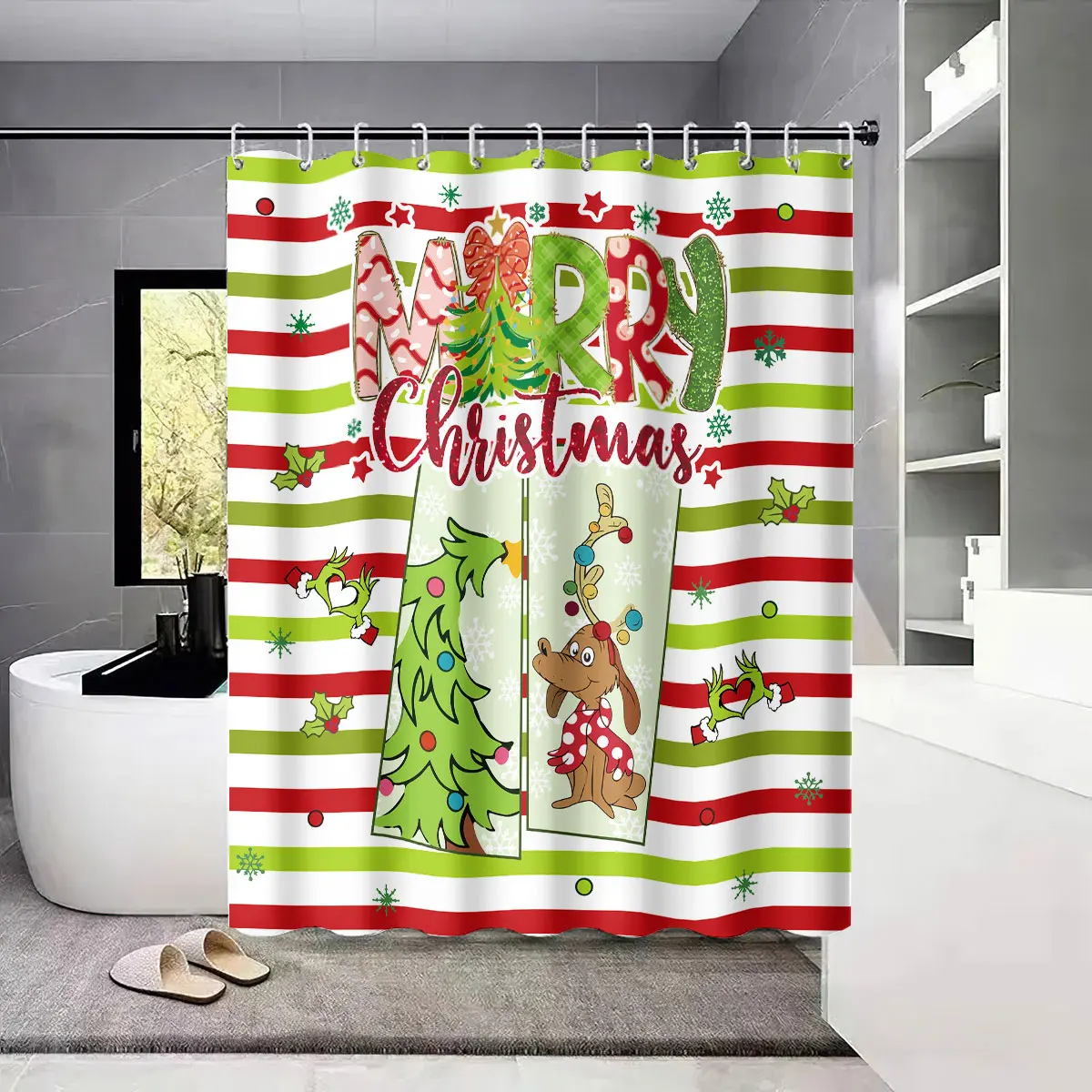 1pc Merry Christmas, green striped printed waterproof bathroom partition, privacy hanging curtain with 12 hooks, easy to install
