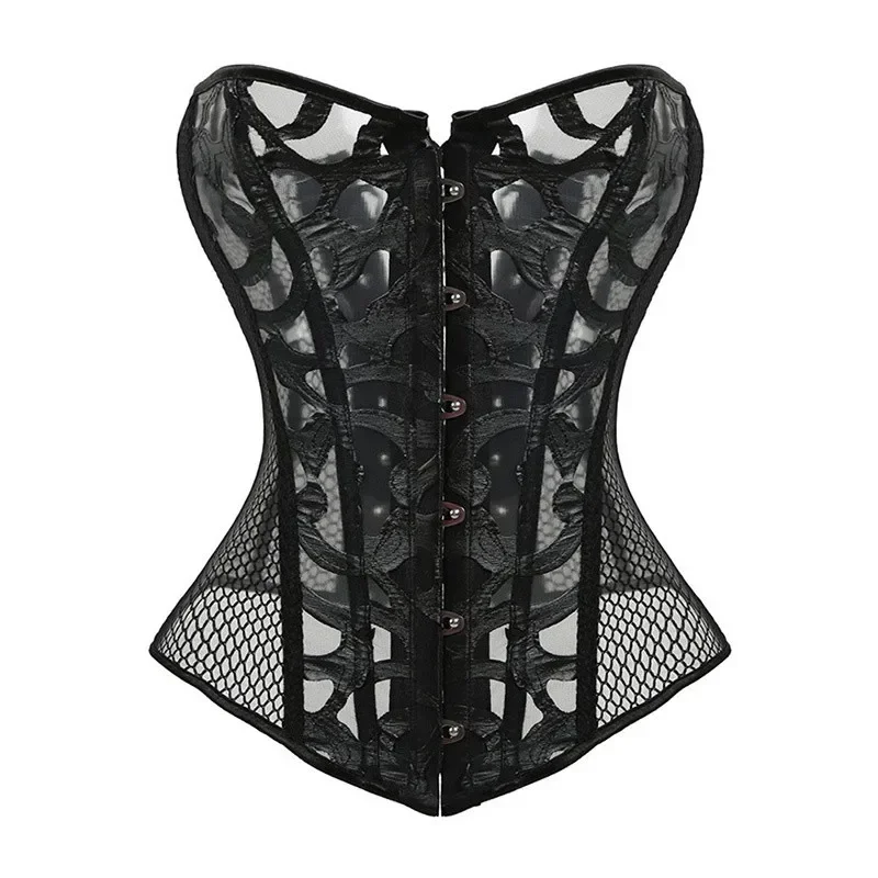 Women Vintage Overbust Corset Top Lace up Boned Gothic Hollow Out Mesh Bustier Shapewear Slimming Waist Shaping Corselet