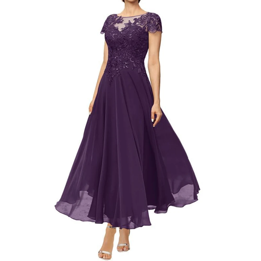 

Customized Exquisite Lace Sequin Mother of The Bride Dress Short Sleeve Wedding Guest Dresses Long Chiffon A Line Formal Evening