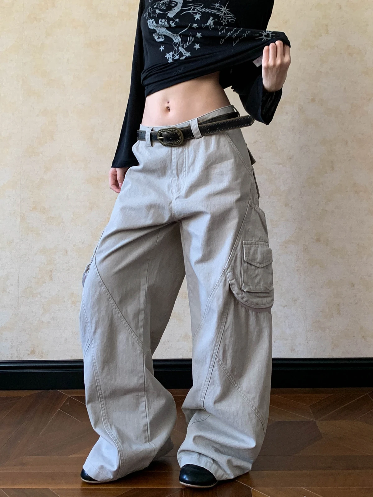 

Женские брюки в американском ретро-стиле, свободные, широкие, с множеством карманов, винтажные, из хлопка, прямого кроя