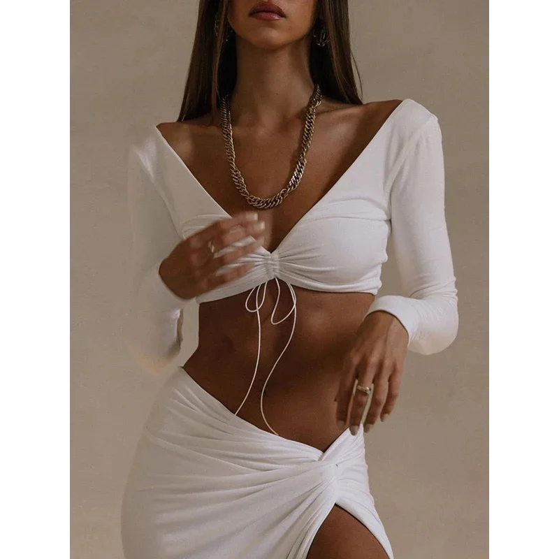 

Bonny Autumn Fashion Outfits Top and Skirt Set Women Drawstring Ruched Long Sleeve Two Piece Set Bodycon Skirts Split